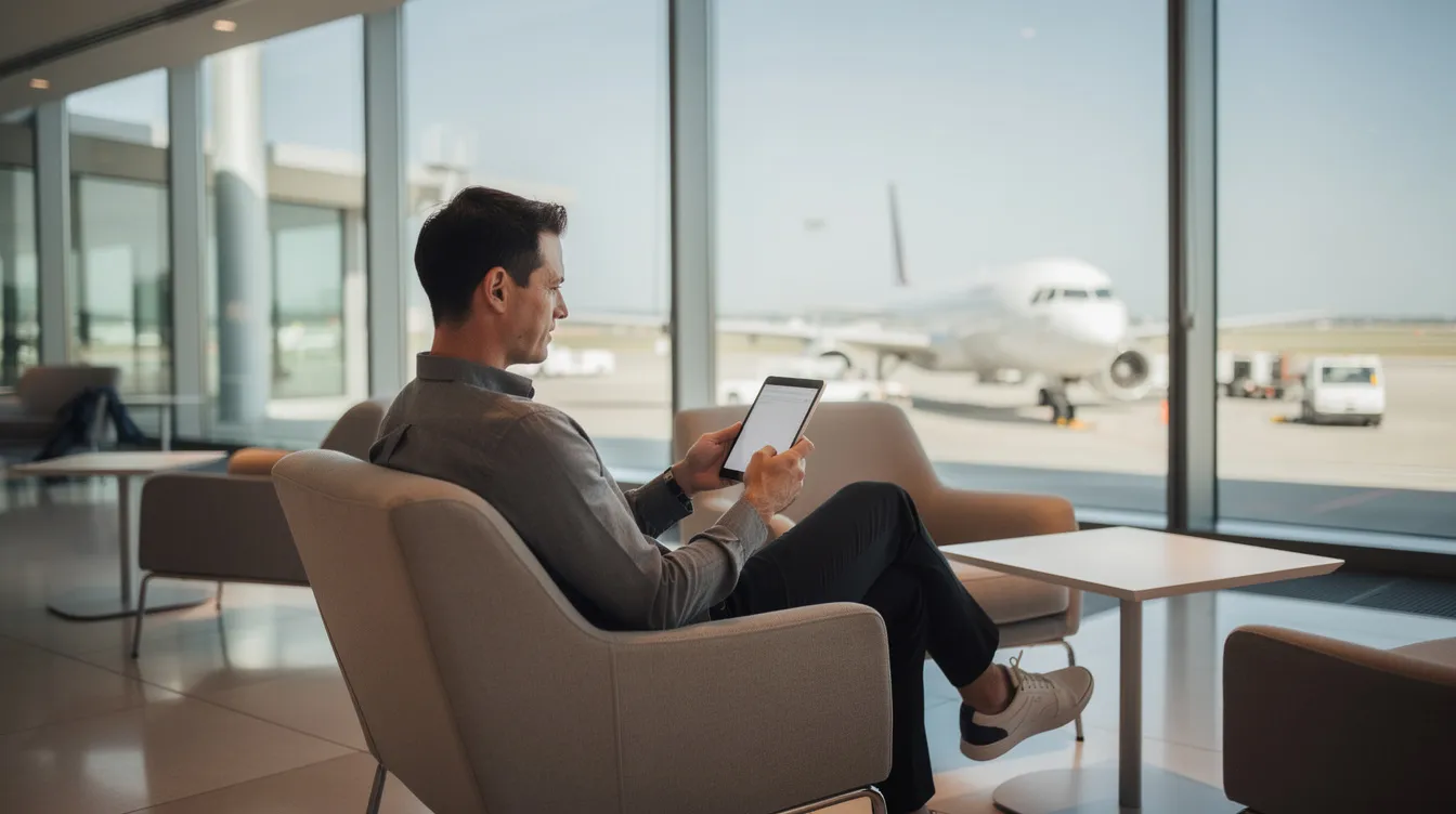 A person is seated in a sleek, modern airport lounge, focused on a tablet while large windows reveal a runway outside. The scene suggests a quick and comfortable environment for travelers to learn and find information before their flights.