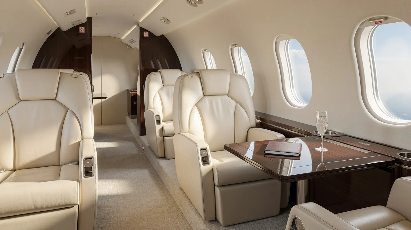 The image depicts the interior of a luxurious private jet cabin, featuring cream leather seats, a small table, and natural light streaming through elegant oval windows, creating a warm and inviting atmosphere. This serene setting is perfect for travelers looking to relax and enjoy their journey.