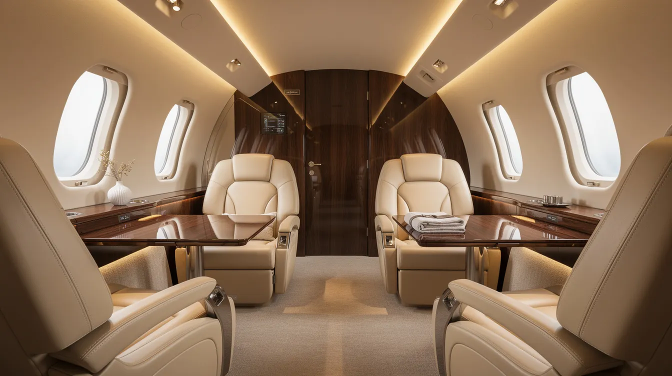 The image depicts the interior of a luxurious private jet cabin, featuring plush cream leather seats, elegant wood paneling, and soft ambient lighting, creating a serene and opulent atmosphere perfect for high-end travel. This private jet showcases the comfort and sophistication often associated with the best aircraft in the world.