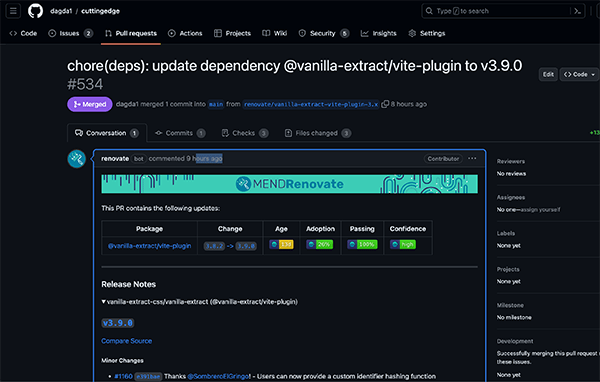 renovate PR with confidence score and release notes