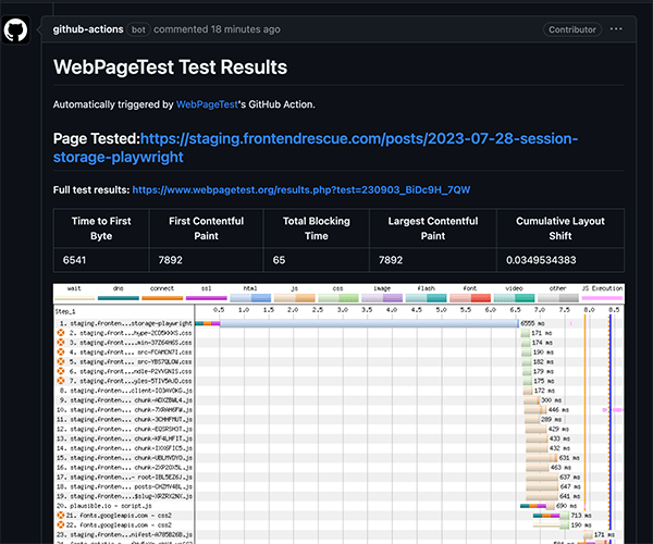webpage test pull request comment