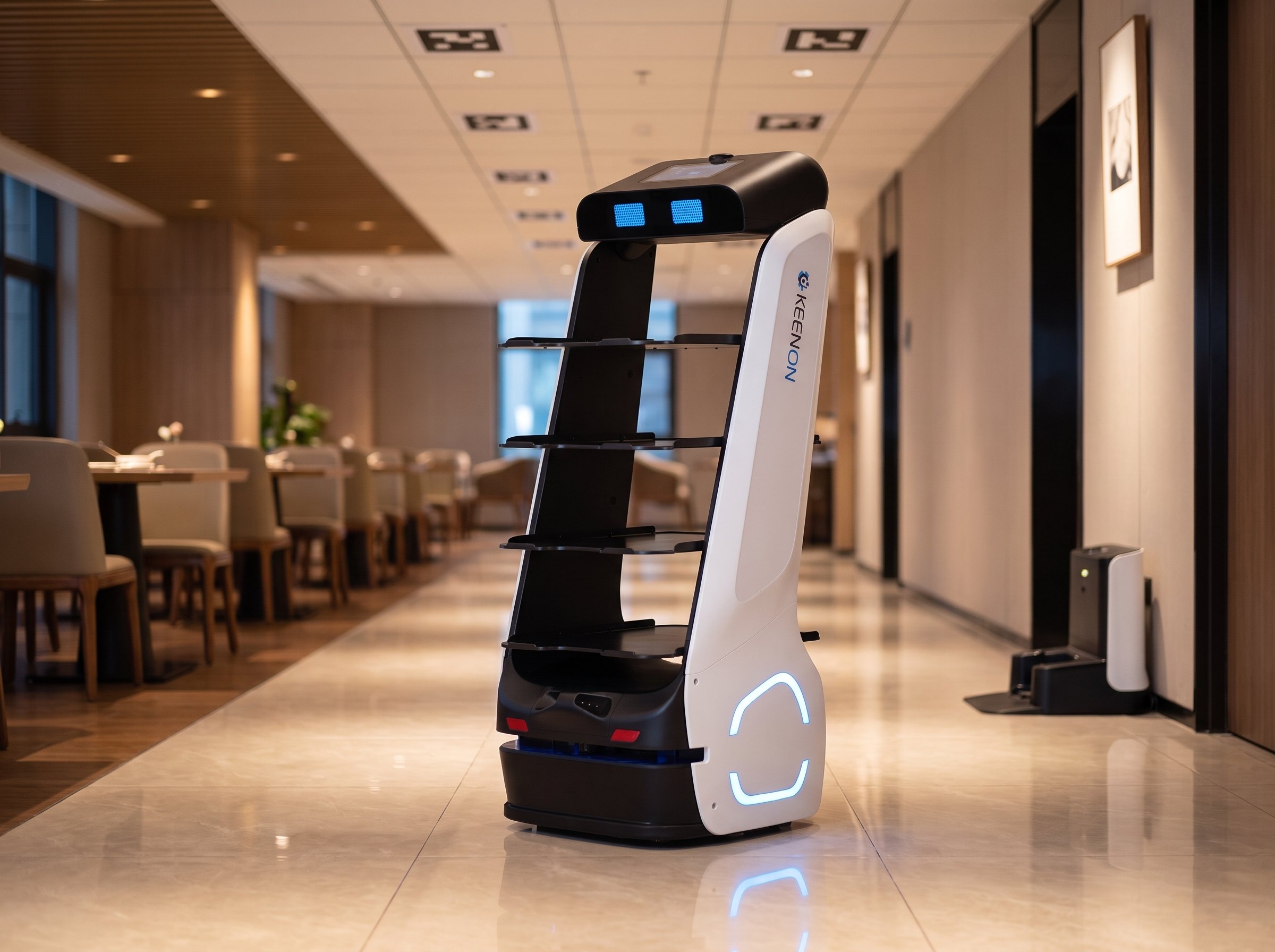 Robot repartidor Keenon T5 LB con ubicación por etiquetas en techo