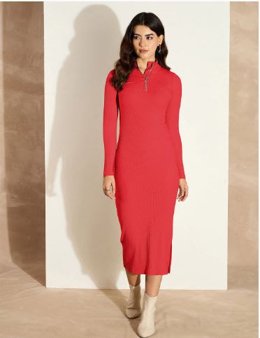 High Neck Front Zipper Sheath Midi Dress