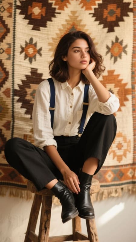 High-waisted trousers with suspenders.