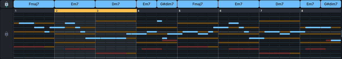 Piano roll with melody notes and chord regions