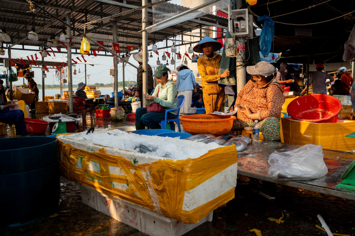 At a riverside fish market, women in hats sort fish around a foam crate piled with crushed ice, with red and orange plastic basins and the river visible beyond the stalls — Pete Walls