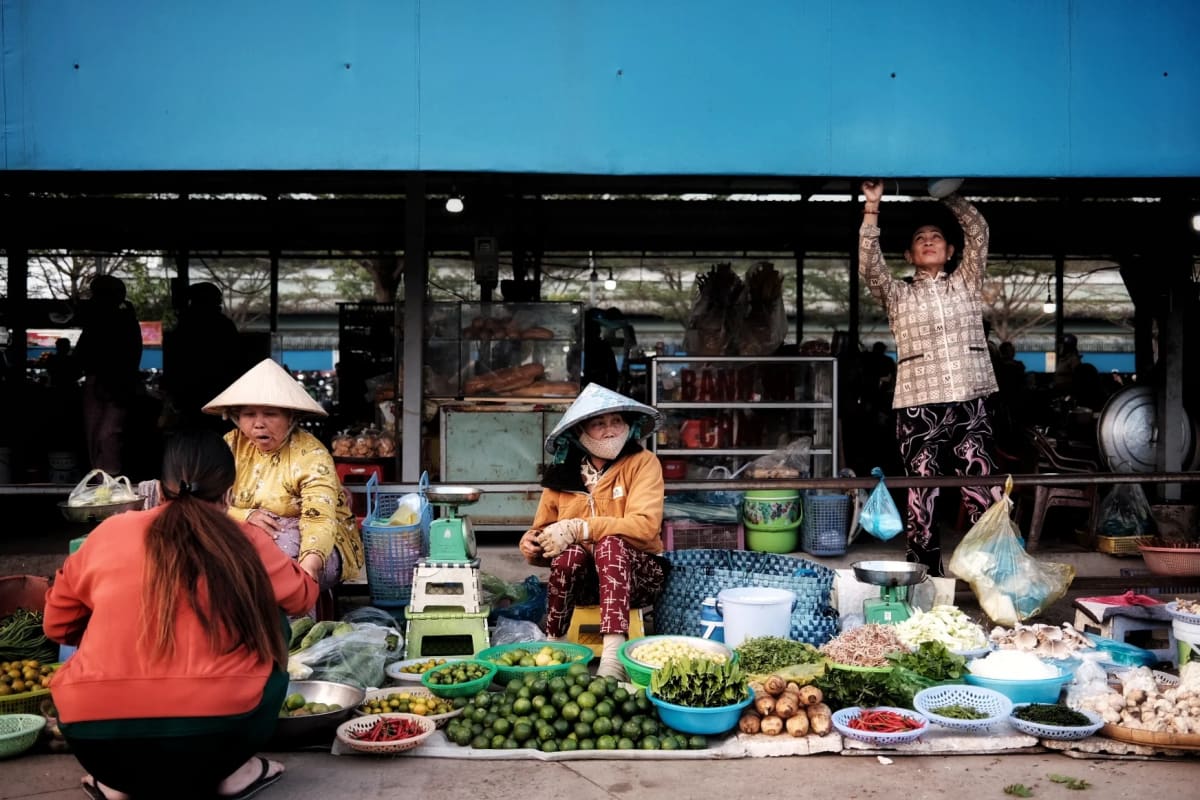 Two women in conical hats sit behind baskets of limes, chilies and herbs at a covered market while a third reaches overhead in the morning light — Luke Neville