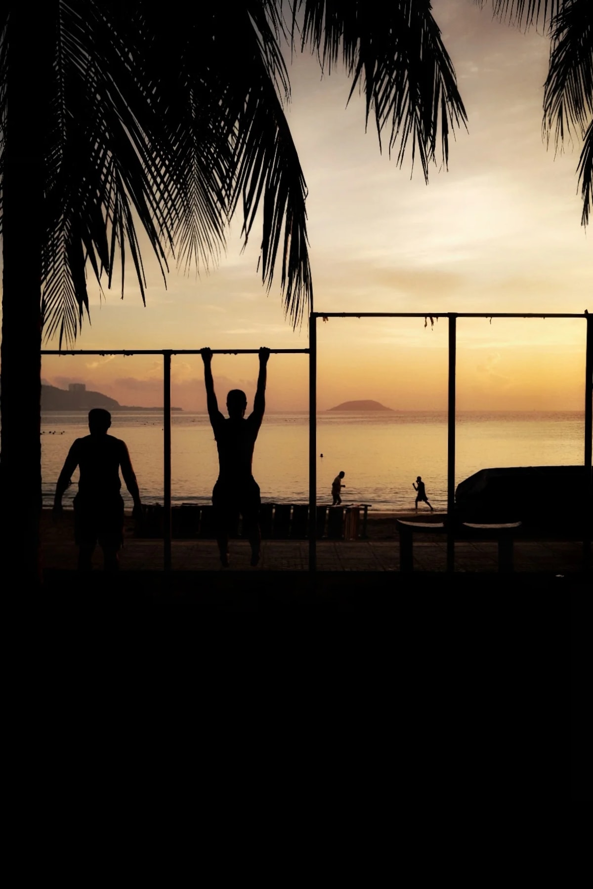 Against an orange dawn sky framed by palm fronds, a figure hangs from a pull-up bar on the beachfront as swimmers and a jogger move along the shore — Luke Neville