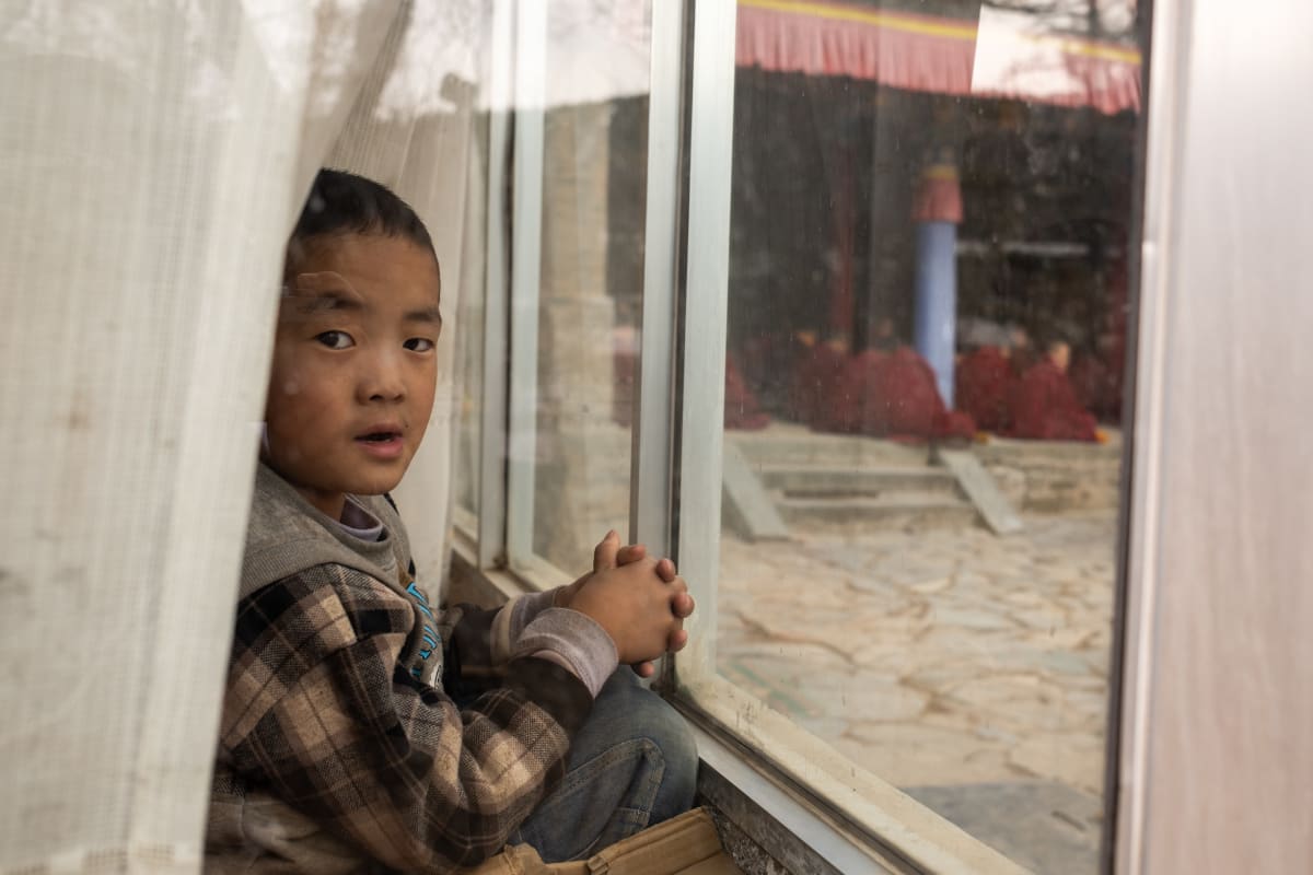A boy looks back through a monastery window, a hall of seated monks reflected in the glass — Luke Neville