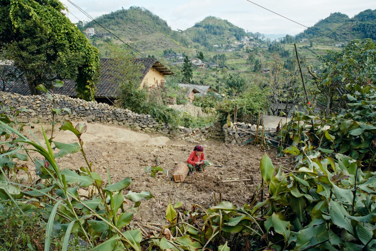 A village of tiled roofs and stone walls seen from the slope above, a single figure working the turned earth in the middle distance — Dennis and Patrick Weinert