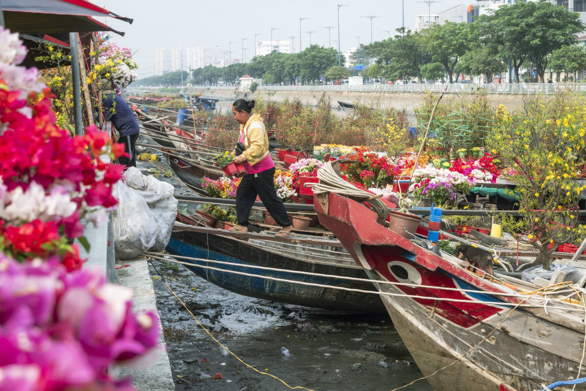 Woman steps between colorful flower-laden boats at a Tết floating flower market in Ho Chi Minh City