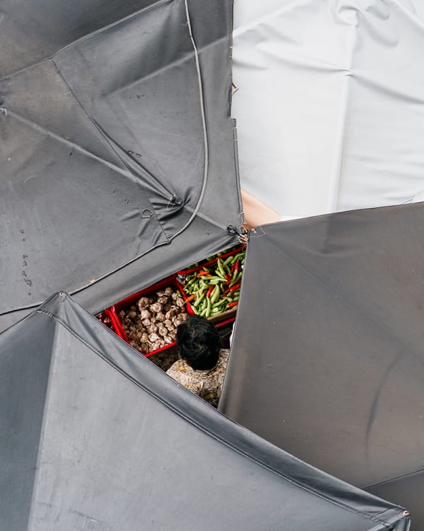 Overhead view of Vietnamese market vendor hidden beneath umbrellas with crates of chilies and produce