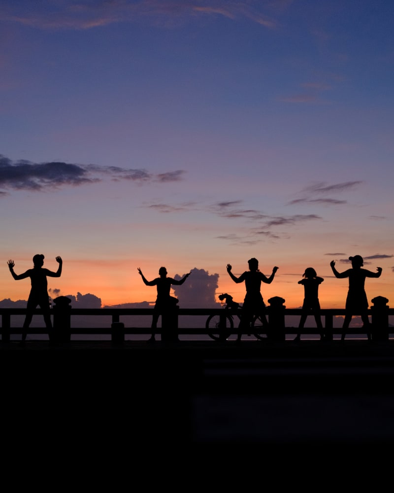 Five figures silhouetted mid-stretch along a seafront railing under a violet and orange dusk sky