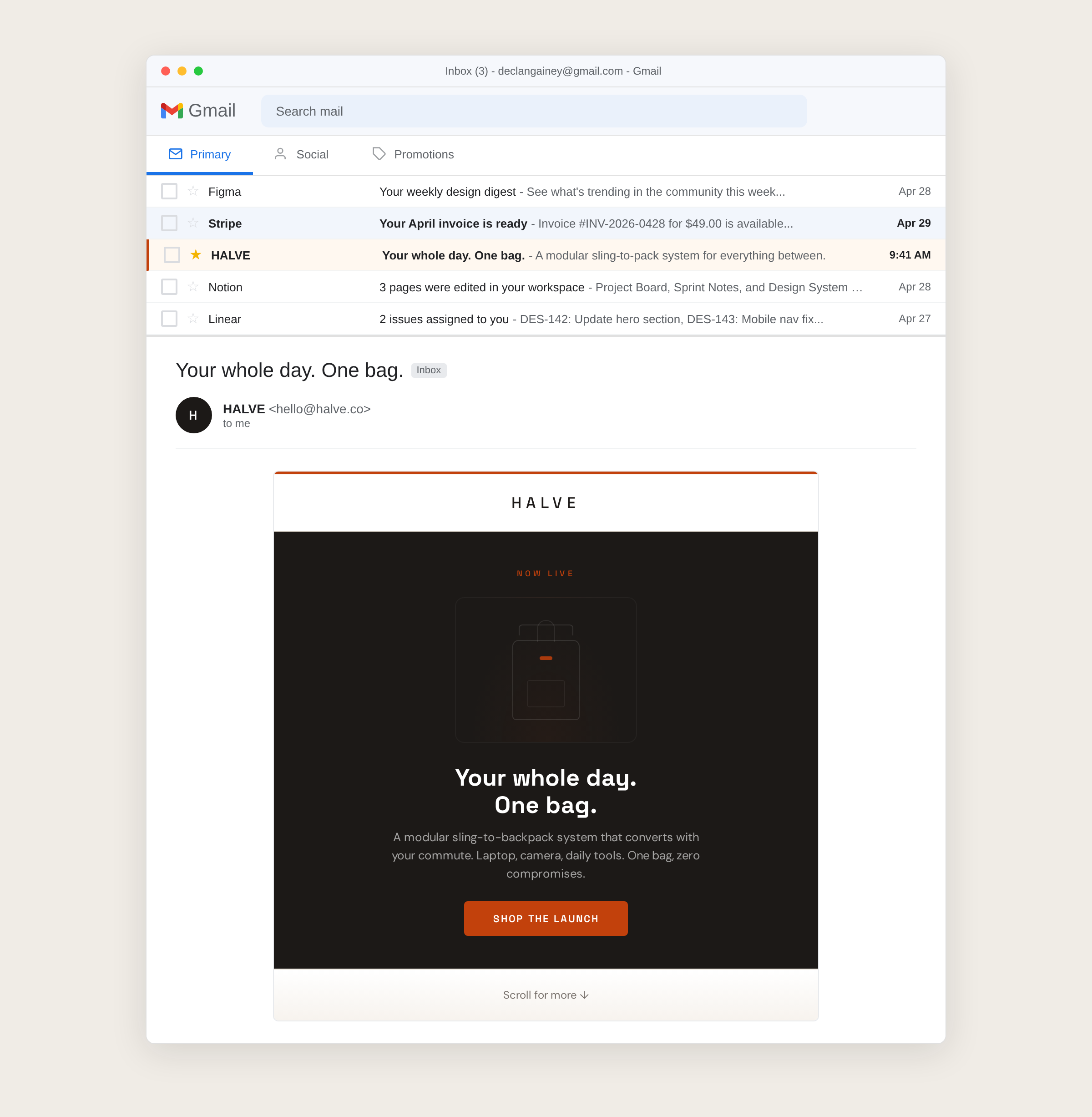 Halve launch email shown inside an inbox context mockup