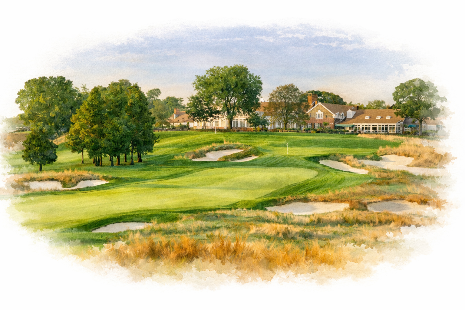 Watercolor painting of Bethpage Black 4th at Bethpage State Park - Black Course - Championship challenge at dawn