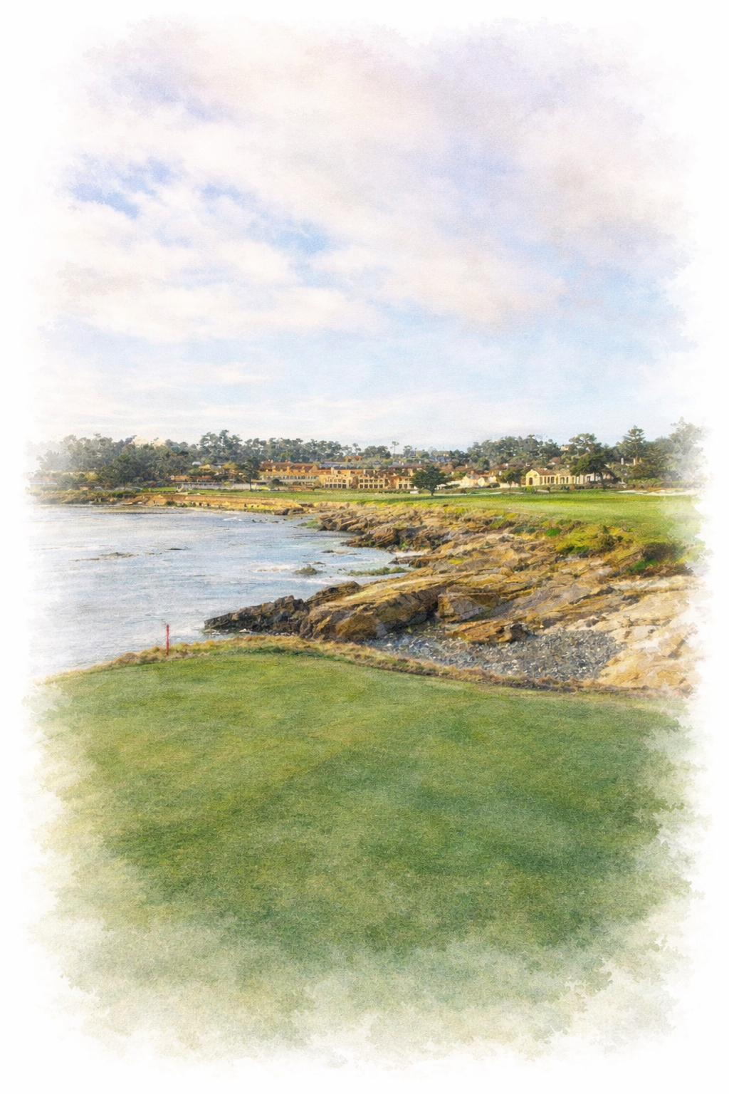 Watercolor painting of 18th at Pebble Beach