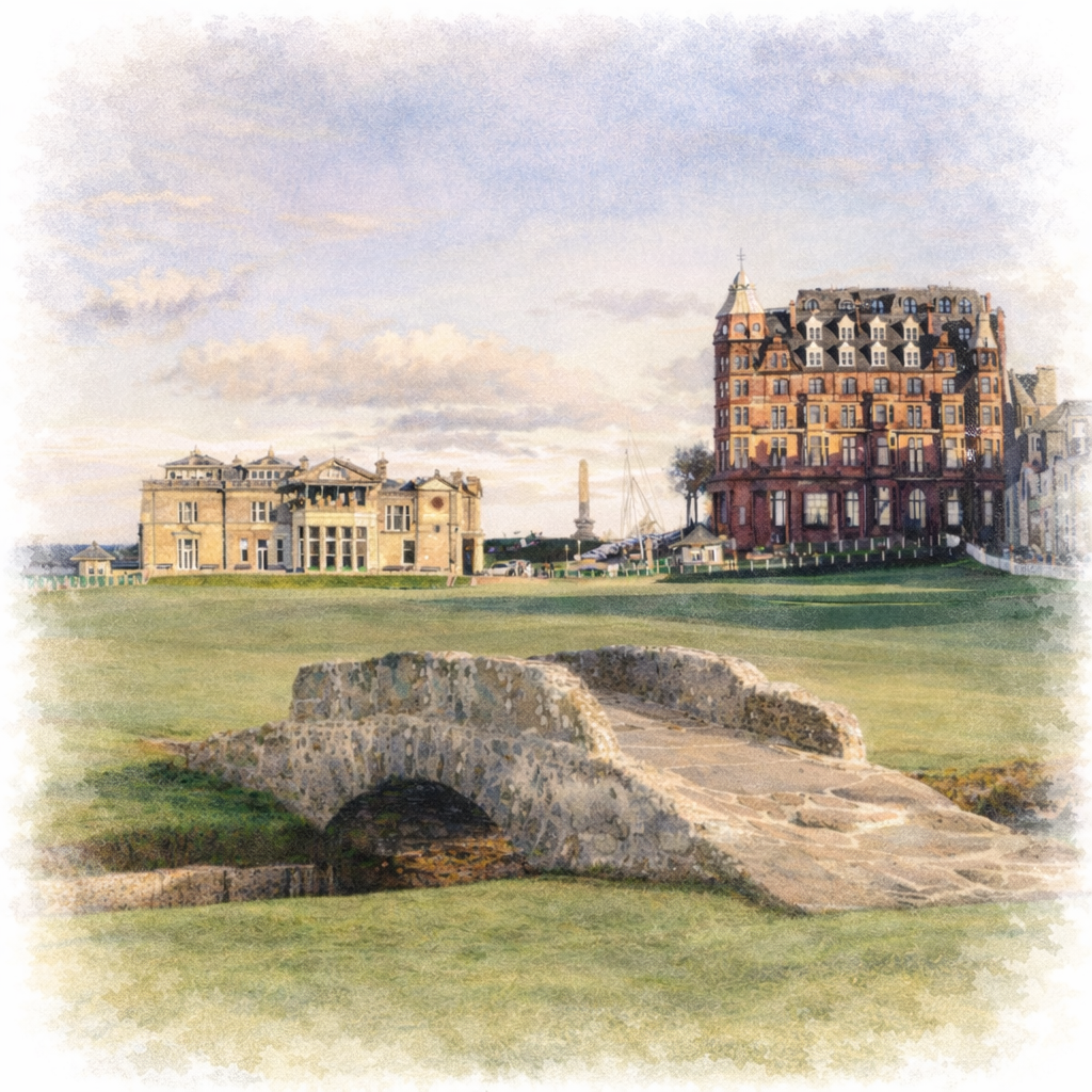 Watercolor painting of St Andrews Old Course