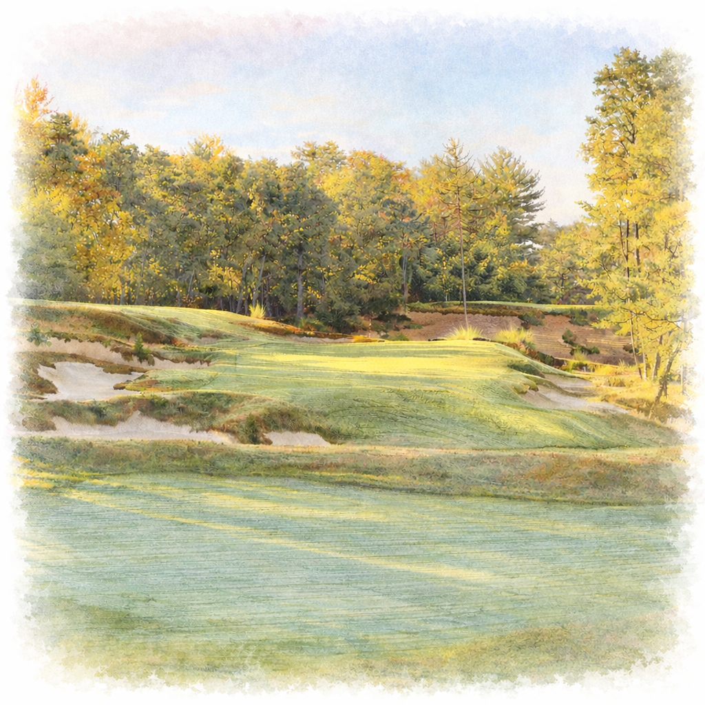 Watercolor painting of Pine Valley 5th at Pine Valley Golf Club - Secluded beauty through the pines