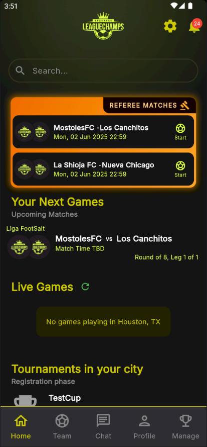 LeagueChamps App Home Screen