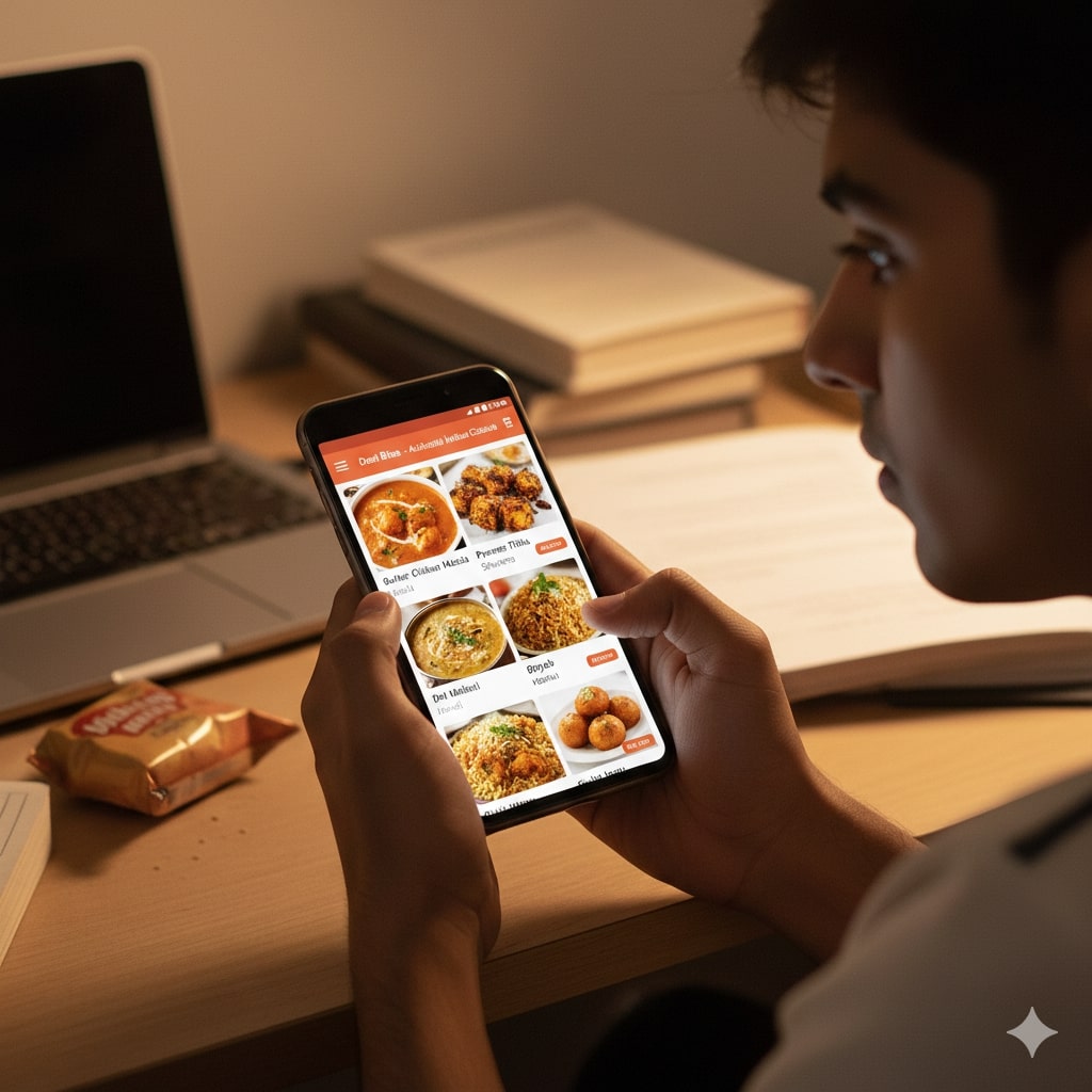 Phone screen showing a food ordering app and a student snack