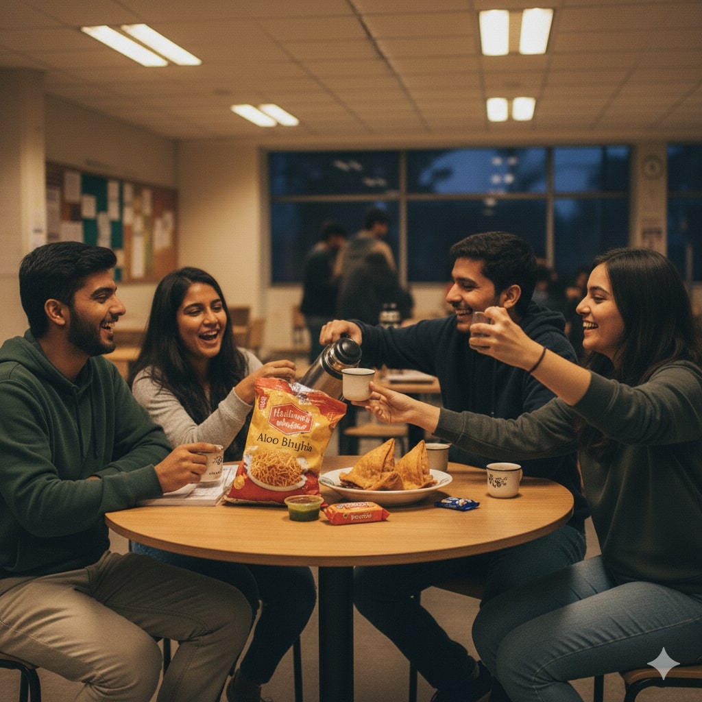 Students sharing snacks at a common table
