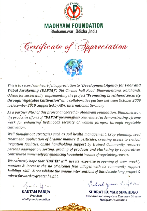 Madhyam Foundation Livelihood Security Milestone Certificate