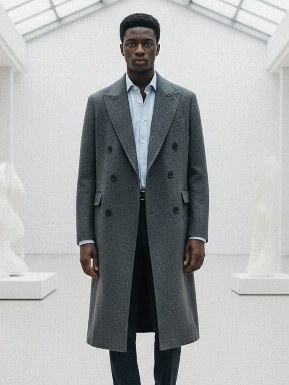 Charcoal Grey Double Breasted Men's Long Overcoat