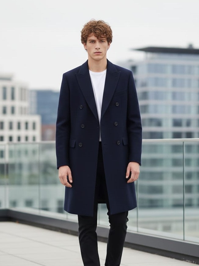 Navy Double Breasted Men's Long Overcoat