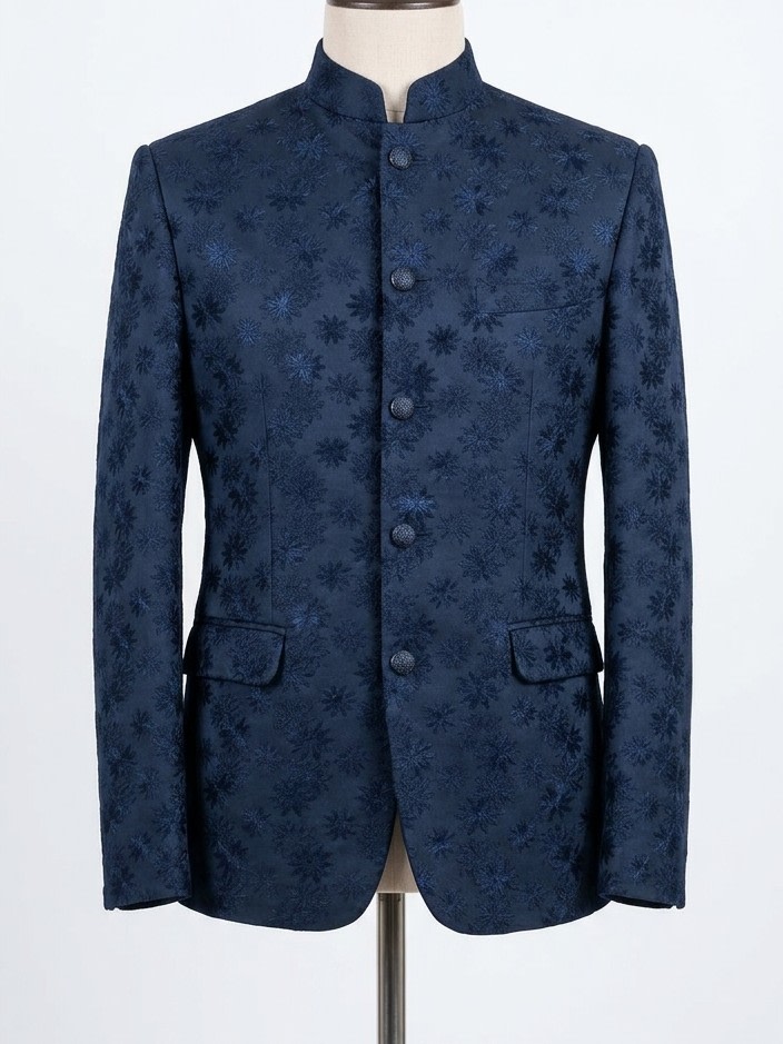 Midnight Navy Floral Jacquard Bandhgala Jodhpuri blazer