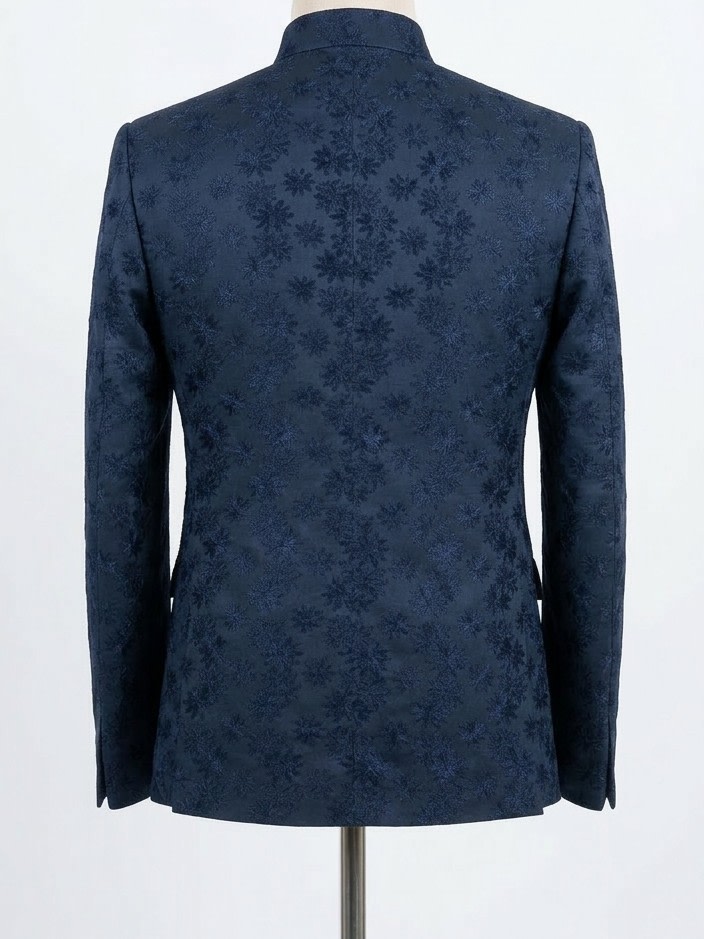 ​Midnight Navy Floral Jacquard Bandhgala Jodhpuri blazer thumbnail 2