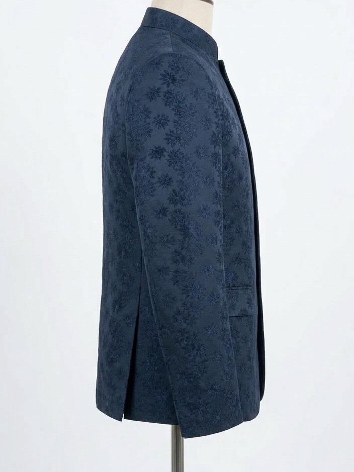 ​Midnight Navy Floral Jacquard Bandhgala Jodhpuri blazer thumbnail 3