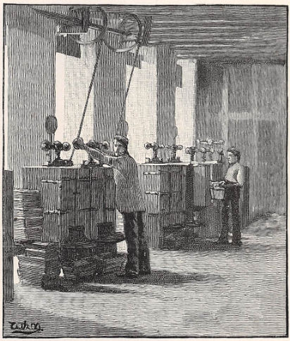 Engraving of hydraulic presses used to obtain cocoa butter. 19th century hydraulic cocoa press
