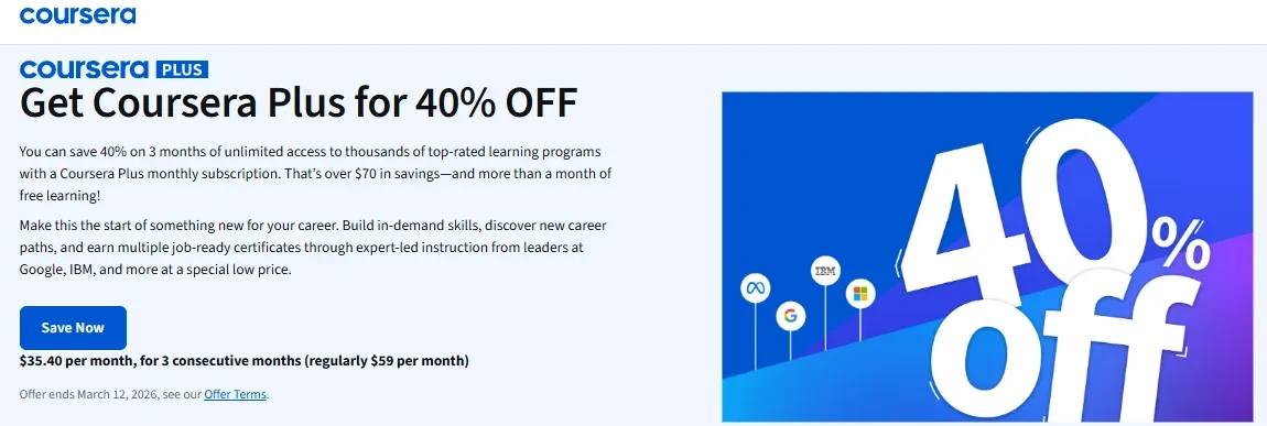 Image 2: Coursera Plus discount of 40% off for the first 3 months