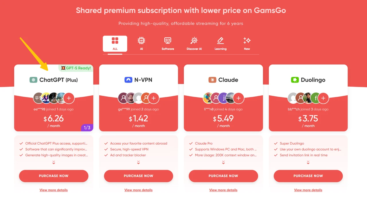 Изображение 6. Купить учетные записи ChatGPT Plus на GamsGo