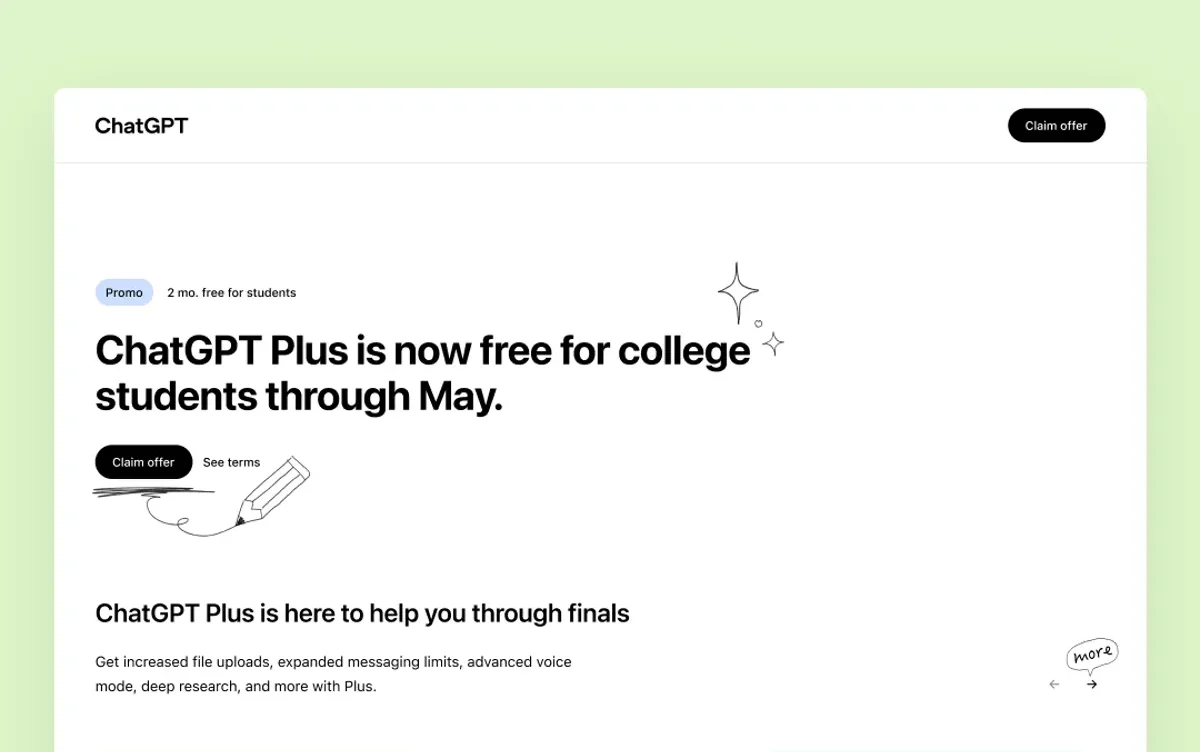 Изображение 7. ChatGPT Plus теперь доступен бесплатно для студентов колледжей до мая.