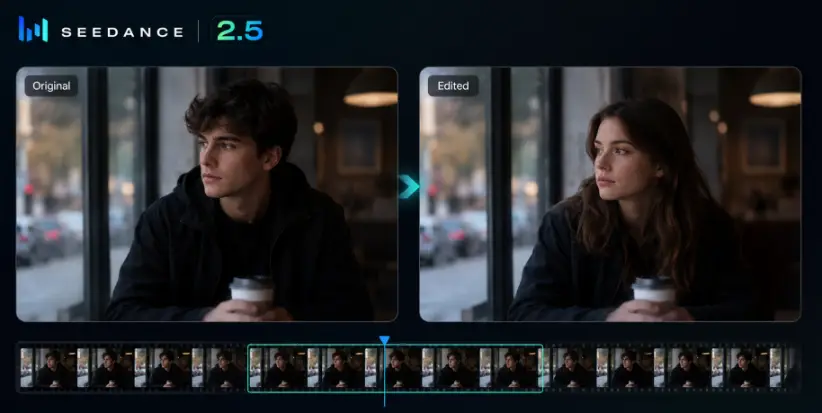 Изображение 4: управляемое редактирование видео Seedance 2.5 со сменой объектов и сохранением движения