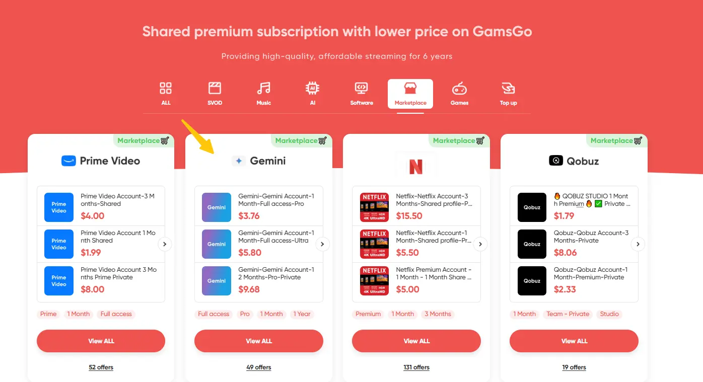 Изображение 8. Как купить учетные записи Gemini Pro на GamsGo