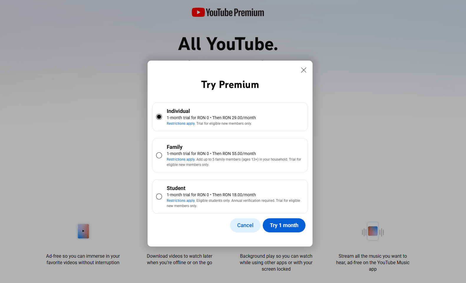 Изображение&nbsp;3. Планы подписки YouTube Premium с возможностью оформления заказа