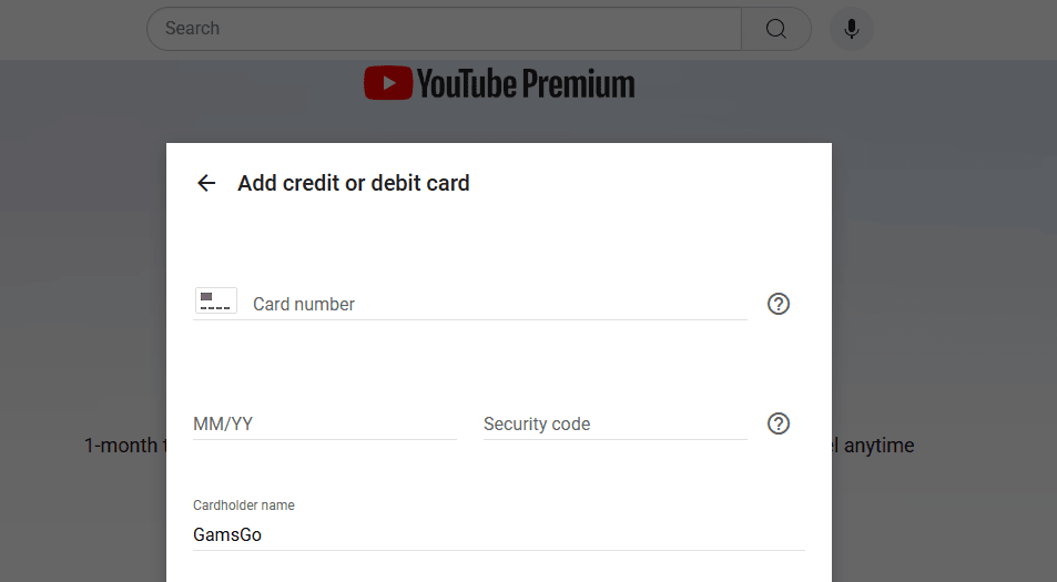 Изображение&nbsp;4: страница оформления подписки YouTube Premium для имени и платежного адреса