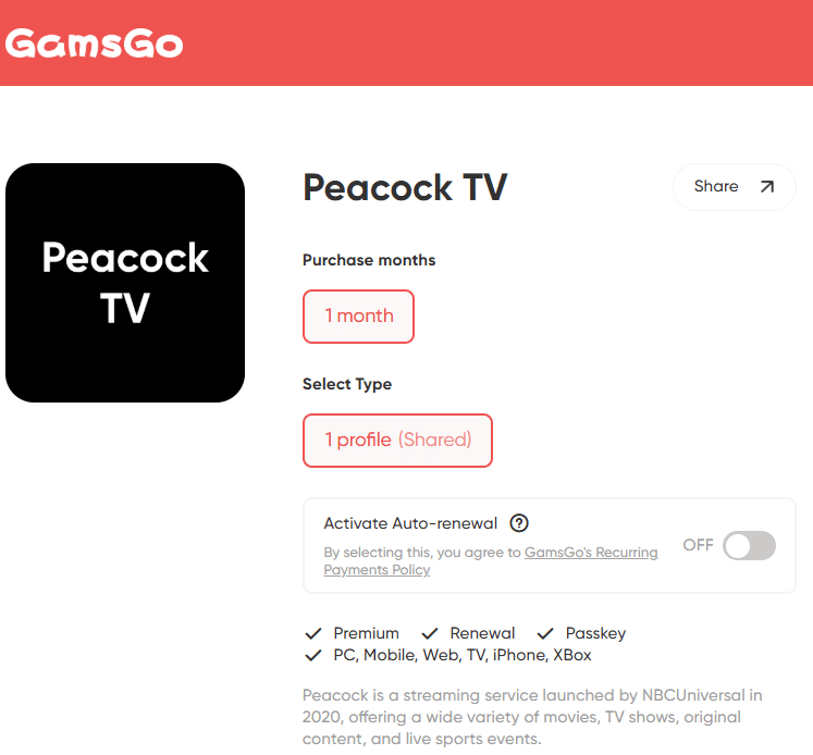 Image 2: Peacock Premium Plus On GamsGo