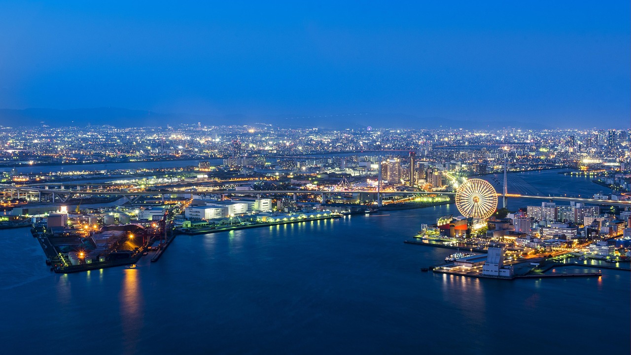 Japan: osaka port, port of osaka, japan, architecture, nature, metropolis, downtown, landscape, port, city, japanese, harbor, area, urban, bridge, asia, aerial, building, industrial, sea, famous, cargo, night sky, sky, cityscape, travel, osaka, kansai, skyline, modern, night, blue, ship, skyscraper, blue sky, boat, kinki, tower, bay, evening, blue city, blue boat, blue bridge, blue industry