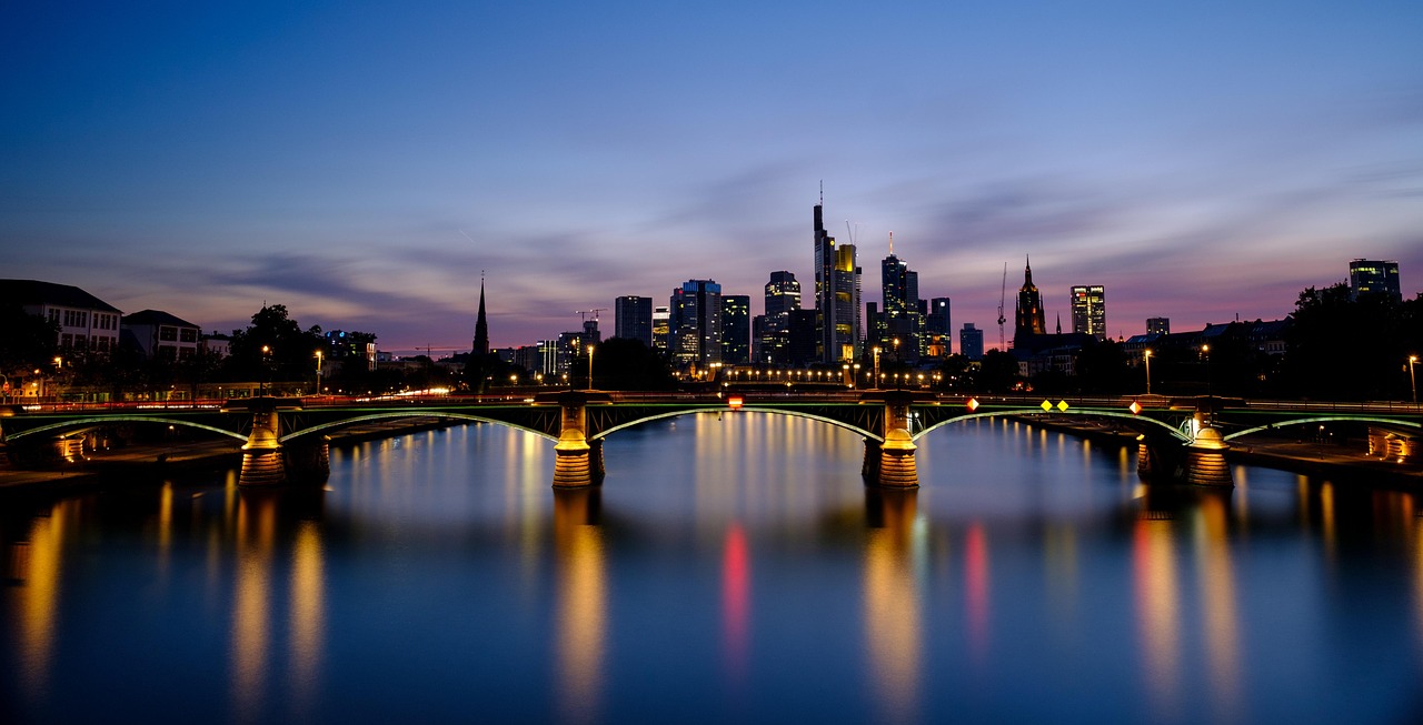 Germany: frankfurt, bridge, river, night, skyline, nature, skyscrapers, bankenviertel, city, reflection, water, lights, rafting bridge, urban, downtown, twilight, dusk, evening, germany