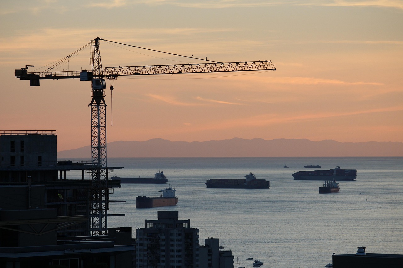 Canada: sea, crane, construction, vancouver, canada, sunset, urban, nature, landscape