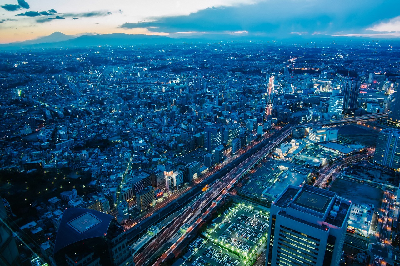 Japan: yokohama, japan, sunset, dusk, city, urban, buildings, cityscape, architecture, lights, sky, clouds, nature, outdoors, vast, large, hdr, blue sunset