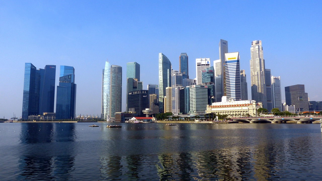 Singapore: singapore, river, skyline, building, water, blue sky, financial district, skyscraper, architecture, urban, office, business, bank, city, reflection, nature, blue business, blue office, blue building, blue river, blue bank, blue company