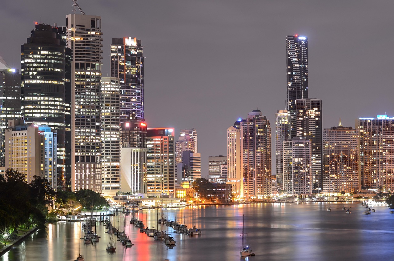 Australia: southbank brisbane, city lights, night lights, cityscape, evening, gray city, gray light, gray night, gray lights