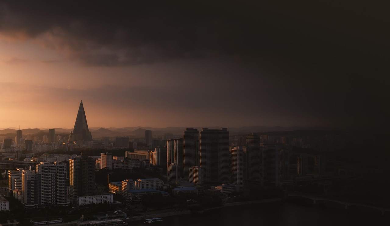 UAE: dragon palace hotel, building, city, cityscape, skyline, city view, north korea, pyongyang, nature, sunset