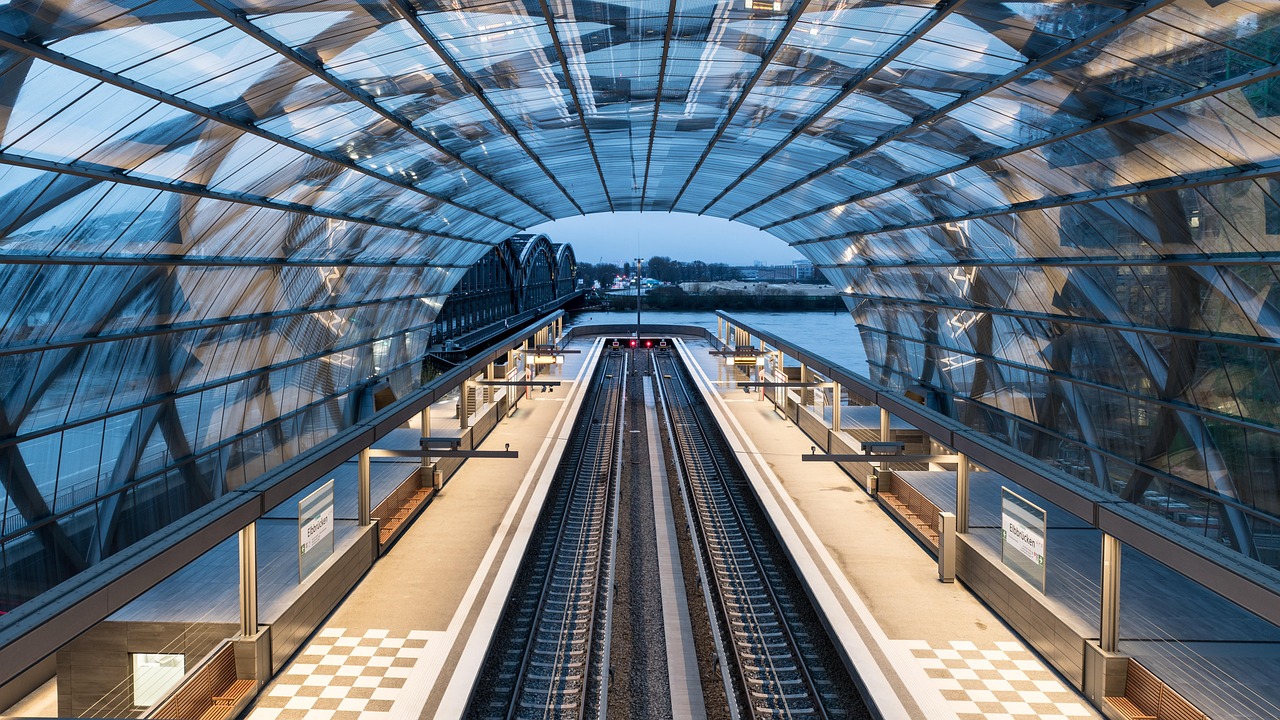 Germany: train, station, subway, metro, architecture, cityscape, transport, modern, futuristic, building, steel construction, germany, hamburg, track, railroad, rails, railroad track, elbe bridge, hafencity