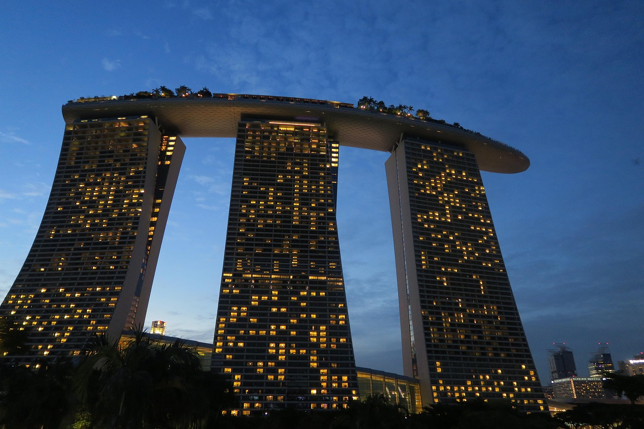 Singapore: architecture, outdoors, city, sky, travel, skyscraper, building, modern, tourism, nature, dusk, marina bay sands, singapore, asia, hotel, blue hotel