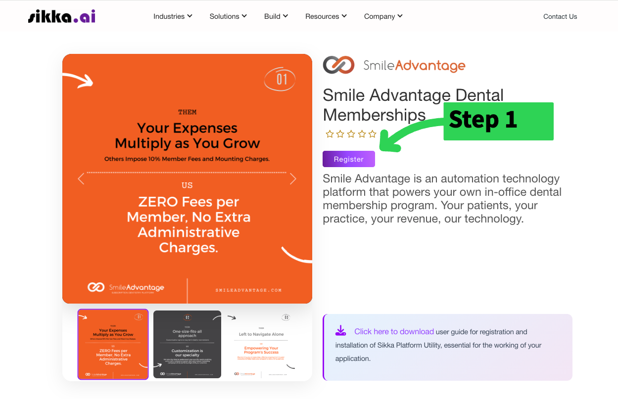 The Smile Advantage Dental Memberships listing on the Sikka site, with the purple Register button highlighted.
